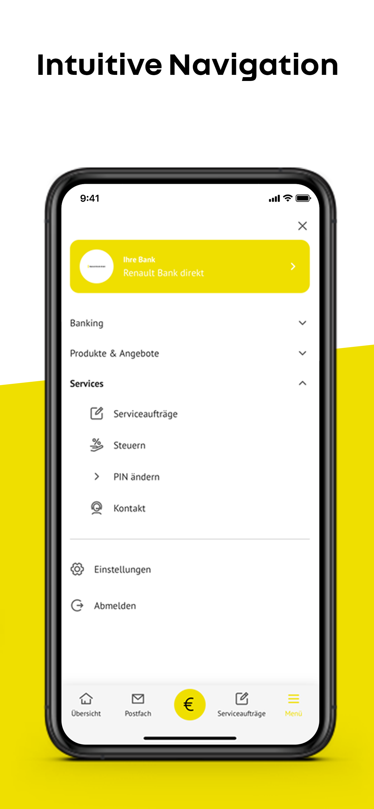 Screenshot der Renault Bank direkt Banking App: Einblick in den Menüpunkt Services